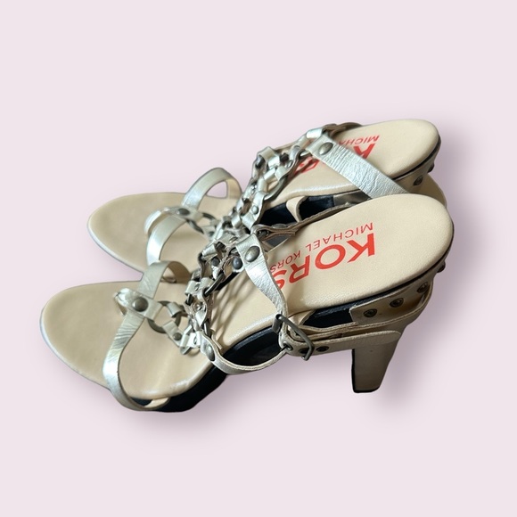 Women’s Michael Kors Made In Italy Leather Strappy Studded 4” Metallic Heels S 9 - Picture 6 of 14